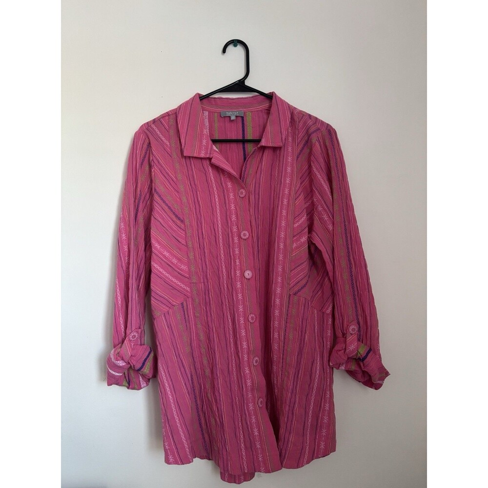 Habitat Clothes To Live In Pink Striped Button Up Shirt Blouse Medium M GUC Boho